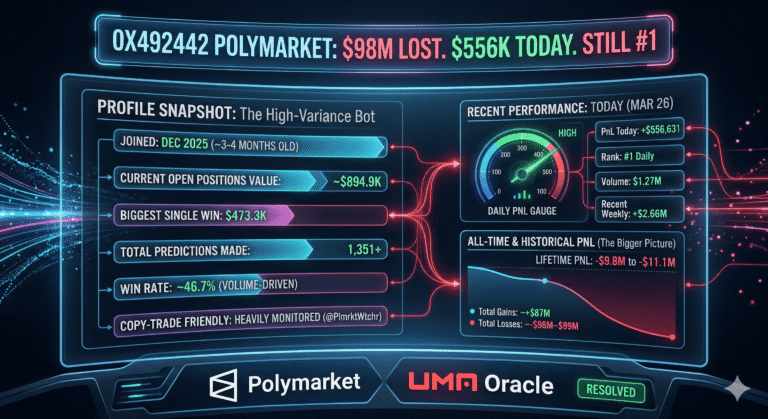 0x492442 Polymarket: $98M Lost. $556K Today. Still #1