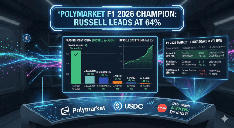 Polymarket F1 2026 Champion: Russell Leads at 64%
