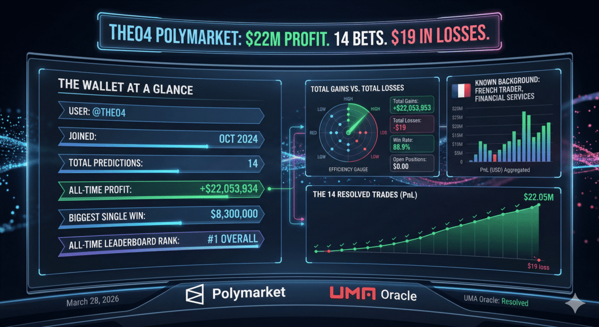 Theo4 Polymarket: $22M Profit. 14 Bets. $19 in Losses.