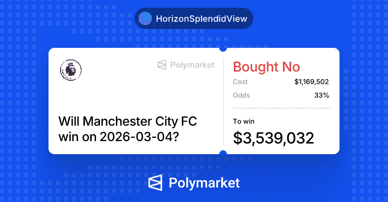 Whale tracker alert showing HorizonSplendidView's $3.54M No position on Man City