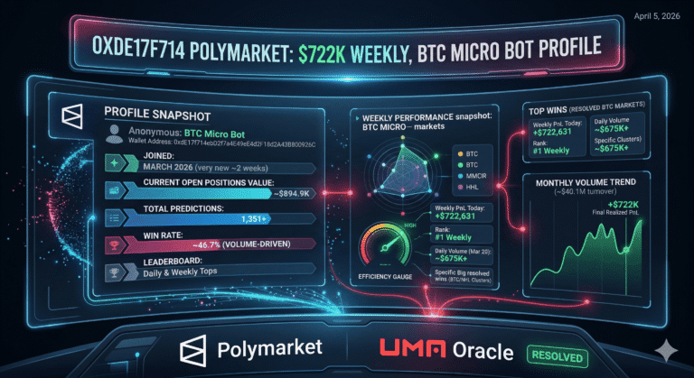 0xdE17f714 Polymarket: $722K Weekly, BTC Micro Bot Profile