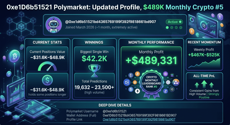 0xe1D6b51521 Polymarket: Updated Profile, $489K Monthly Crypto #5