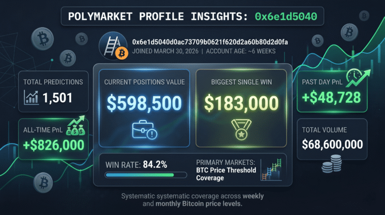 0x6e1d5040 Polymarket: $826K All-Time, 84% Win Rate, BTC Price Bot
