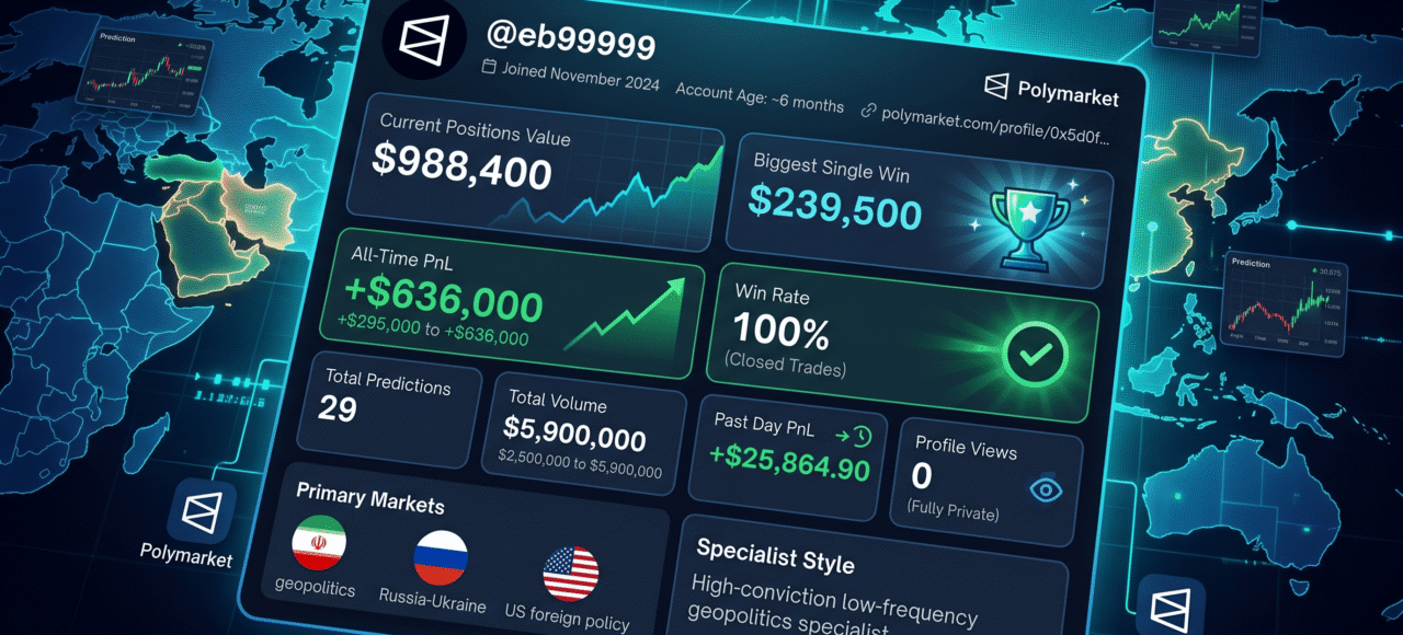 eb99999 Polymarket: $988K Open, 100% Win Rate, Iran Geopolitics Whale