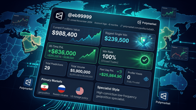 eb99999 Polymarket: $988K Open, 100% Win Rate, Iran Geopolitics Whale