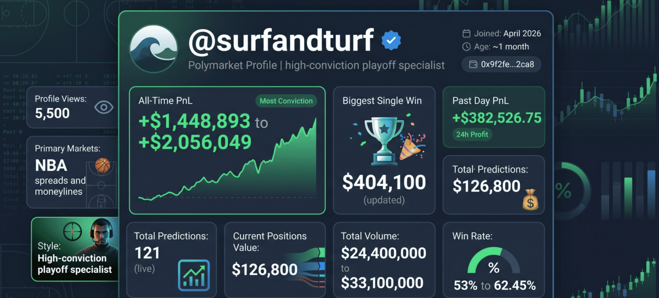 surfandturf Polymarket: $2M All-Time, $382K Day, NBA Whale Updated