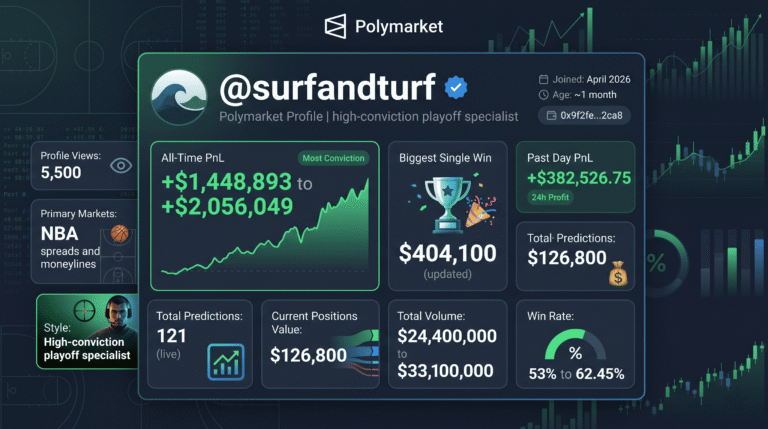 surfandturf Polymarket: $2M All-Time, $382K Day, NBA Whale Updated
