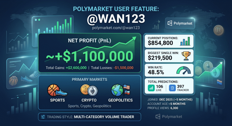 wan123 Polymarket: $1.1M Net PnL, $854K Open, Sports Whale Profile