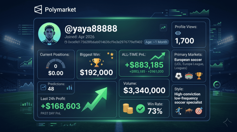 yaya88888 Polymarket: $961K All-Time, 73% Win Rate, Soccer Whale