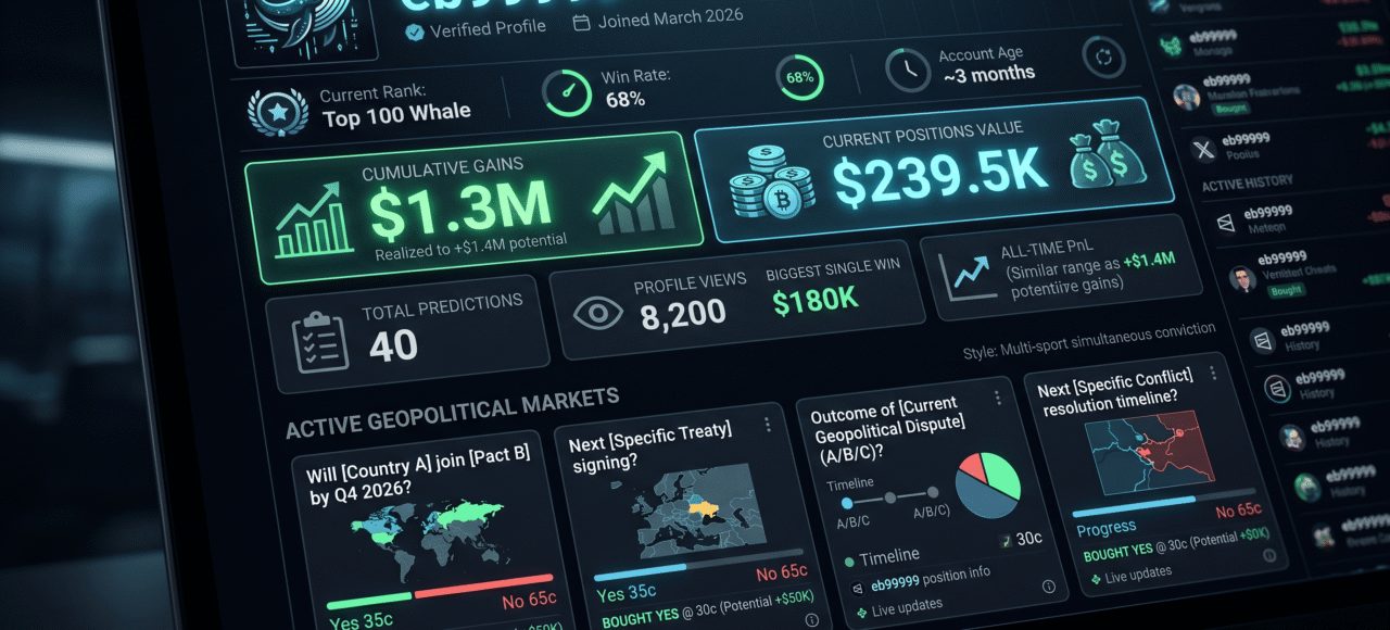 eb99999 Polymarket Updated: $1.3M All-Time, 40 Predictions, May 2026